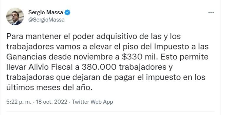 Sergio Massa confirmó el nuevo piso de Ganancias: $330.000 con escala descendente hasta los $431.000