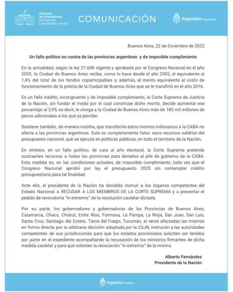 Coparticipación: La definición del Presidente y los gobernadores contra la Corte Suprema